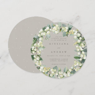 Round Greige Snowberry+Eucalyptus Wreath Wedding Einladung
