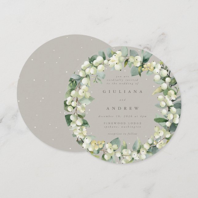 Round Greige Snowberry+Eucalyptus Wreath Wedding Einladung (Vorne/Hinten)
