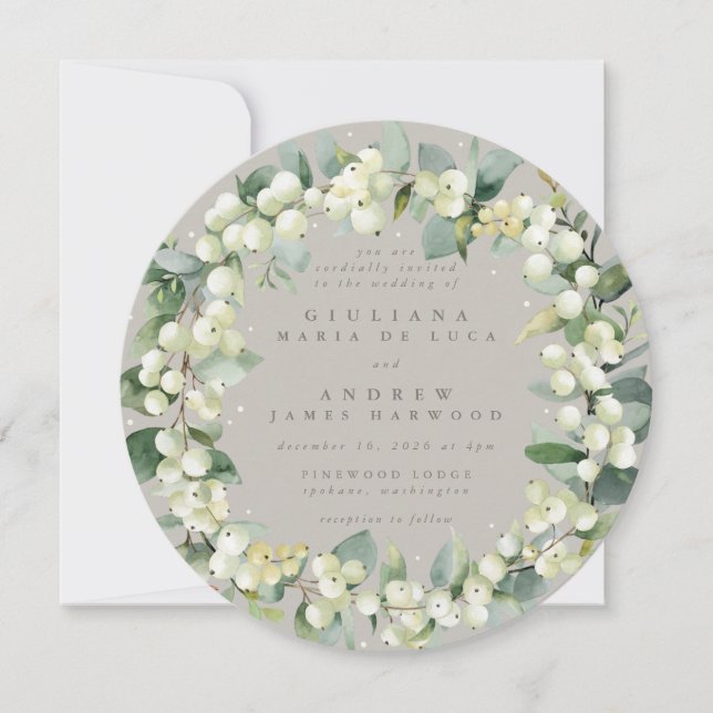 Round Greige Snowberry+Eucalyptus Wreath Wedding Einladung (Vorderseite)