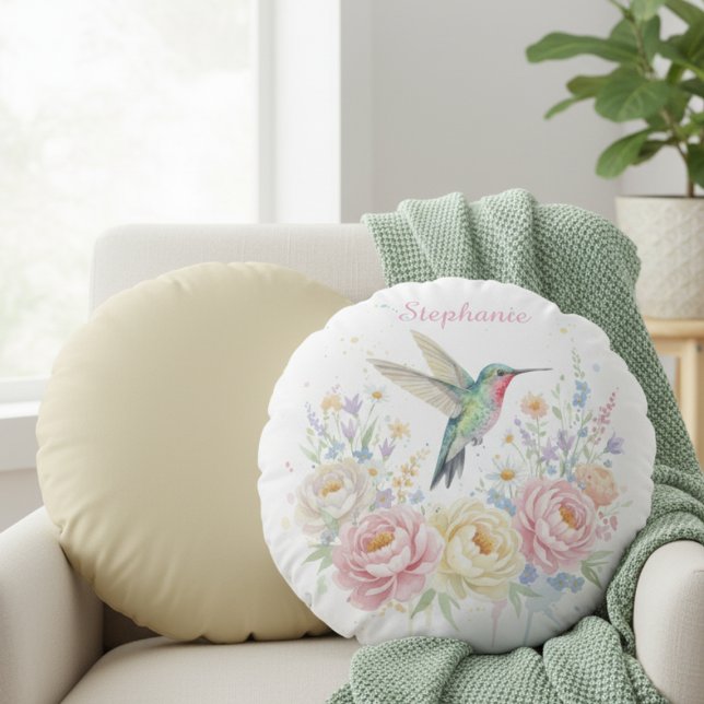 Round Hummingbird Floral Pillow – Personalized Rundes Kissen (Floral hummingbird round pillow)