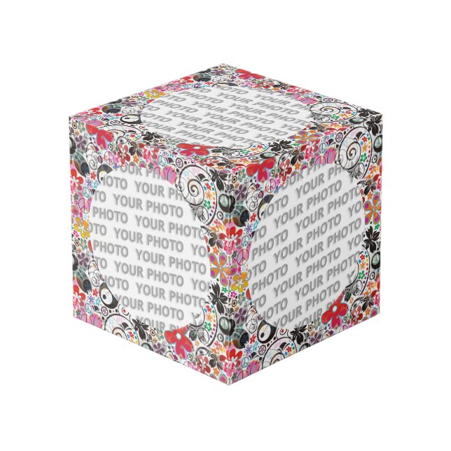 Round in Square Frame Blume Power 2 + Ihr Foto Würfel (Vorderseite Schrägansicht)