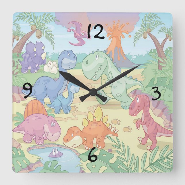 Round (Large) Wall Clock/Cartoon Dinosaurs Quadratische Wanduhr (Vorderseite)