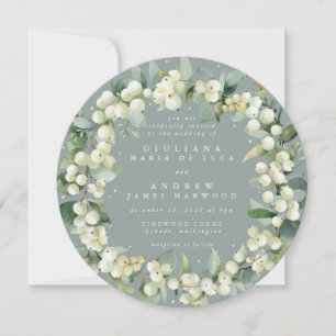 Round Seafoam Snowberry+Eucalyptus Wreath Wedding Einladung