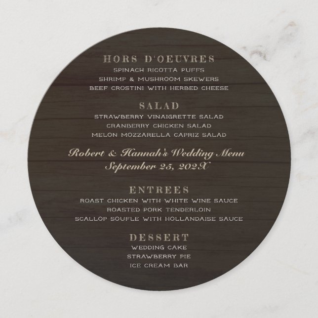 Round Wedding Menu Dunkles Holz vier Sektionen Menükarte (Vorderseite)