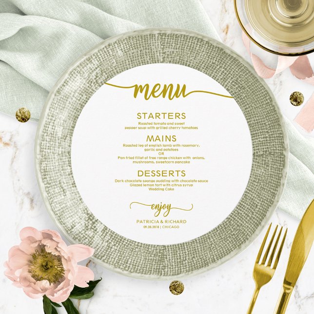 Round Wedding Menu Einfache Elegante Gold Calligra Menükarte (Von Creator hochgeladen)