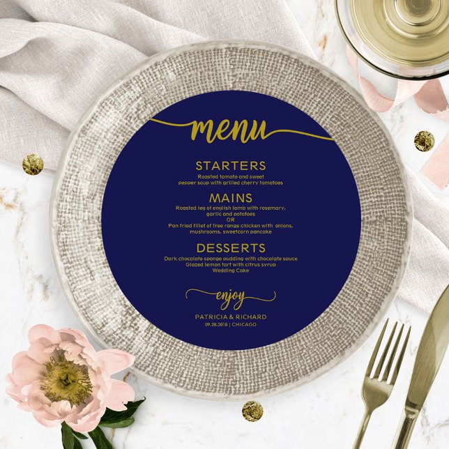 Round Wedding Menu Einfache Elegante Gold Navy Blu Menükarte (Von Creator hochgeladen)