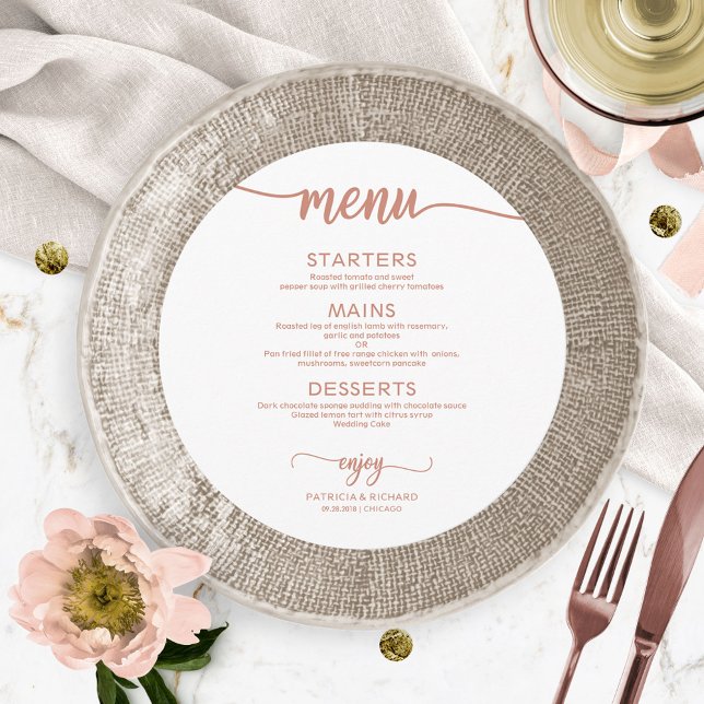 Round Wedding Menu Rose Gold Calligraphy Menükarte (Von Creator hochgeladen)