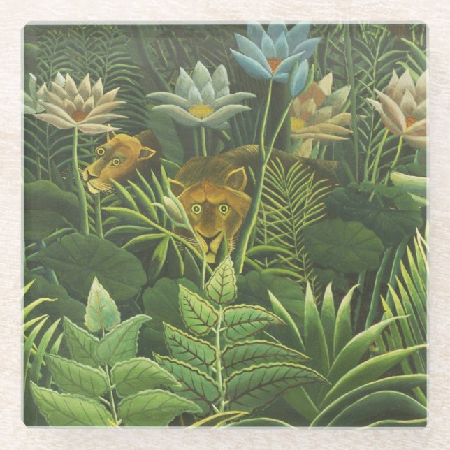 Rousseau Tropischer Jungle Löwenmalerei Glasuntersetzer (Vorderseite)