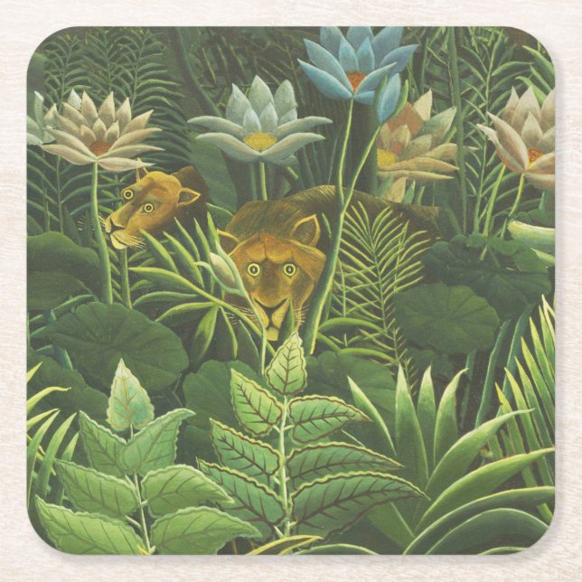 Rousseau Tropischer Jungle Löwenmalerei Rechteckiger Pappuntersetzer (Vorderseite)