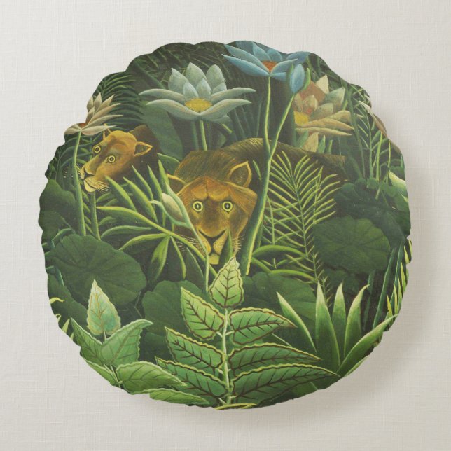 Rousseau Tropischer Jungle Löwenmalerei Rundes Kissen (Vorderseite)