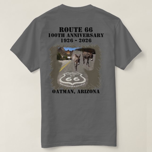 Route 66 100 Jubiläum Oatman Arizona Zurück T-Shirt (Design Rückseite)