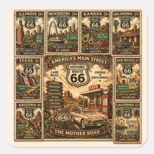 Route 66 Americana Roadside Reise Stempel Kunst Quadratischer Aufkleber