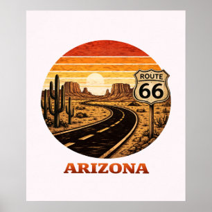 Route 66 Arizona Wüsten Retro-Streifen Sonnenunter Poster
