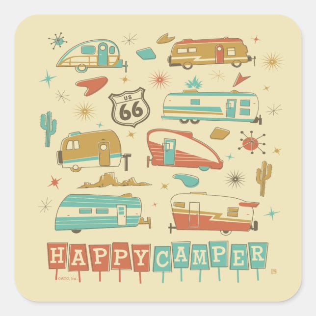 Route 66 Happy Camper Quadratischer Aufkleber (Vorderseite)