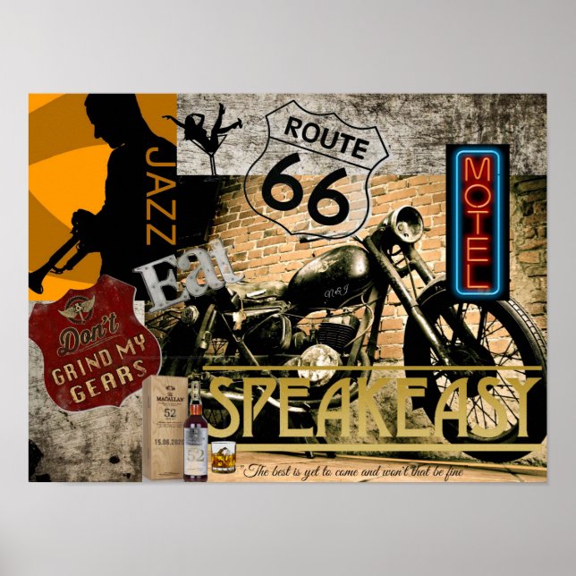 Route 66 Jazz Speakeasy Motorrad Poster (Vorne)