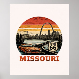 Route 66 Missouri Gateway Arch Retro-Streifen Sonn Poster