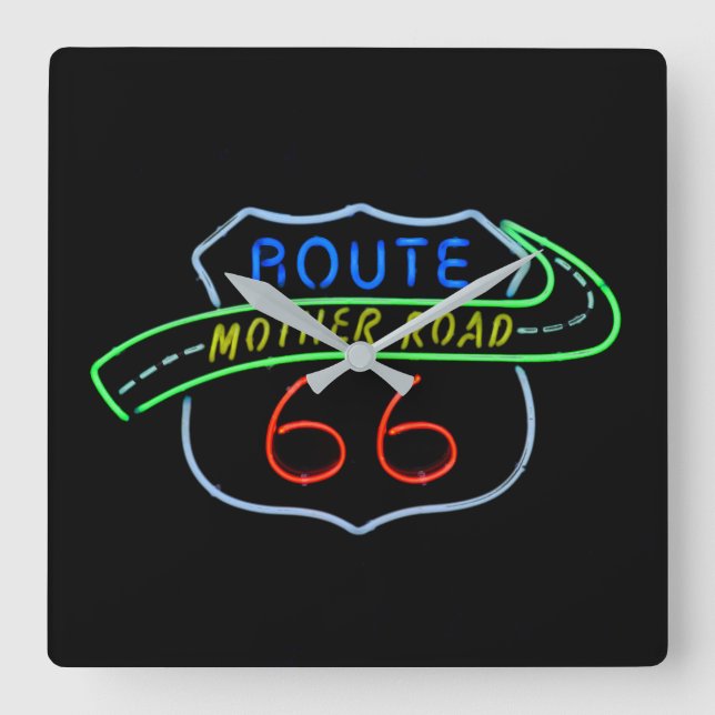 Route 66, Mutterstrasse, Neon-Zeichen Quadratische Wanduhr (Vorderseite)