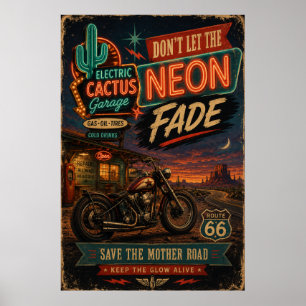 Route 66 Neon-Fade-Garage-Americana-Wandkunst Poster