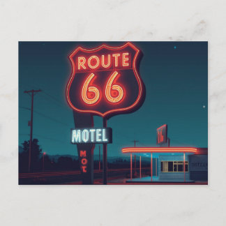 Route 66 Neon-Motel Nacht-Reise-Kunst Postkarte