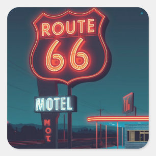 Route 66 Neon-Motel Nacht-Reise-Kunst Quadratischer Aufkleber