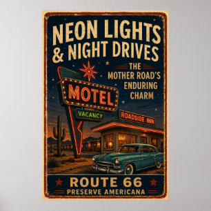 Route 66 Neon-Motel Nachtfahrt Americana Dekor Poster