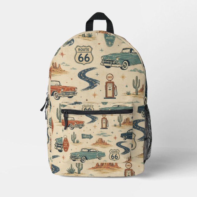 Route 66 Oldtimer-Wüsten-Highway-Muster Bedruckter Rucksack (Vorderseite)
