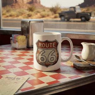 Route 66 rostiges Straßenschild Kaffeetasse