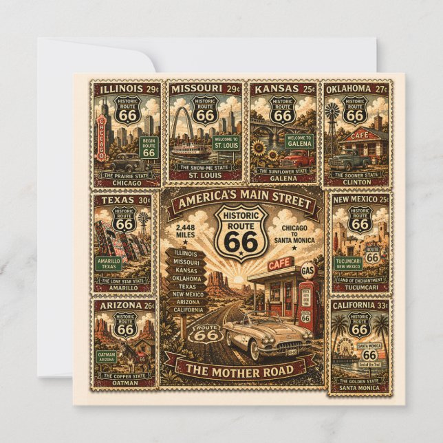 Route 66 Schreibwaren Road Trip Stempel Kunst (Vorderseite)