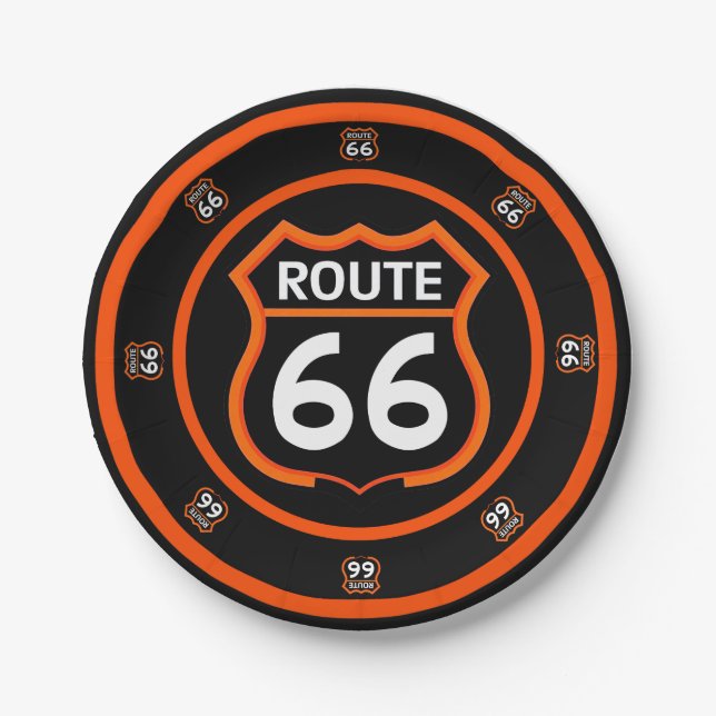 Route 66 schwarze und orange Pappteller (Vorderseite)