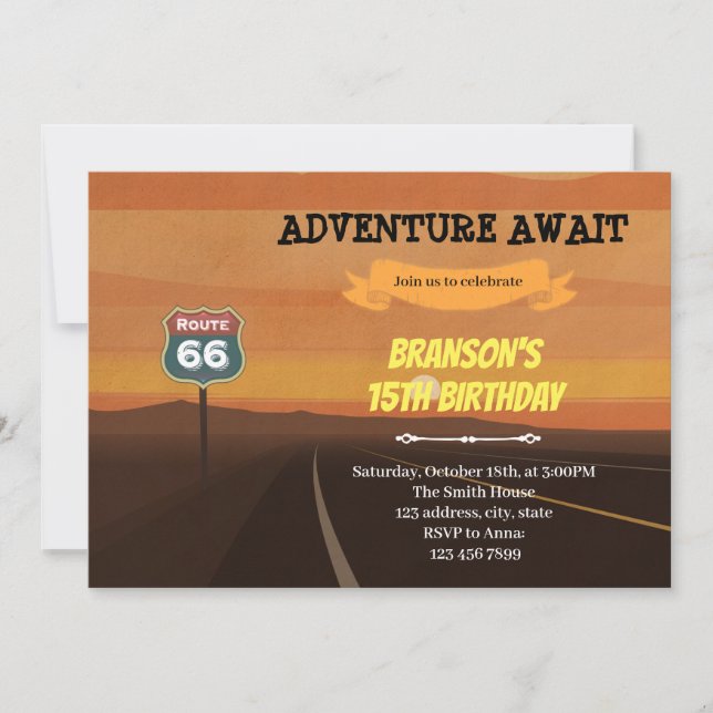 Route 66 thème d'anniversaire Invitation (Devant)