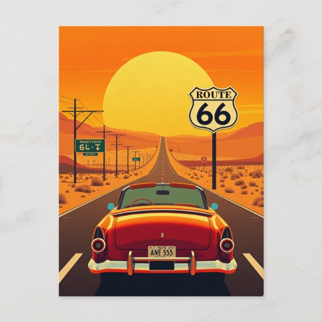 Route 66 Vintag Sunset Highway mit Auto Postkarte (Vorderseite)