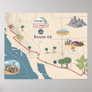 Route 66 Vintage-Reisekarte Illustration Poster