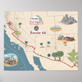 Route 66 Vintage Travel Map Illustration Poster