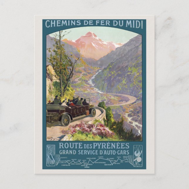 Route des Pyrénées France Vintage Poster 1920 Postkarte (Vorderseite)
