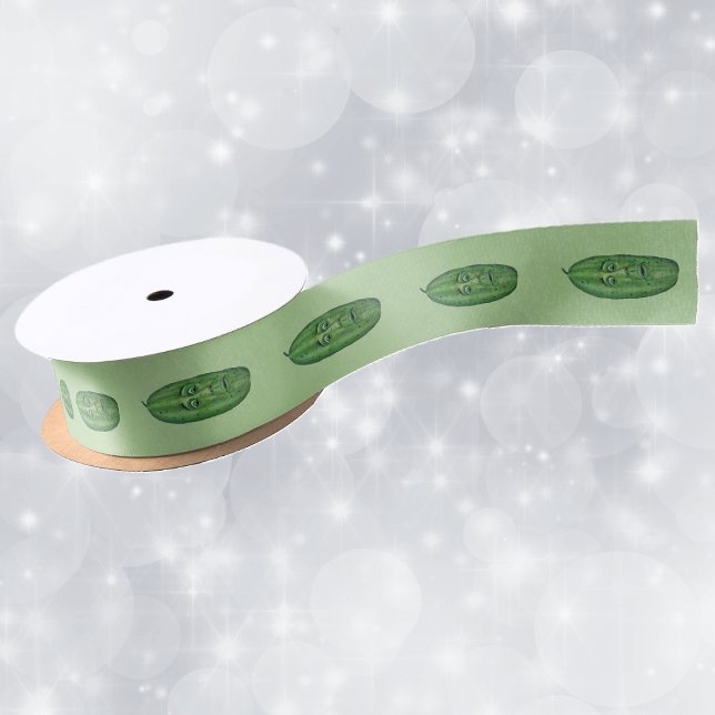 Row of silly Green Pickles Surprised Look on Face Satinband (Row of silly green pickles with surprised faces on light green gift wrap or craft ribbon.)