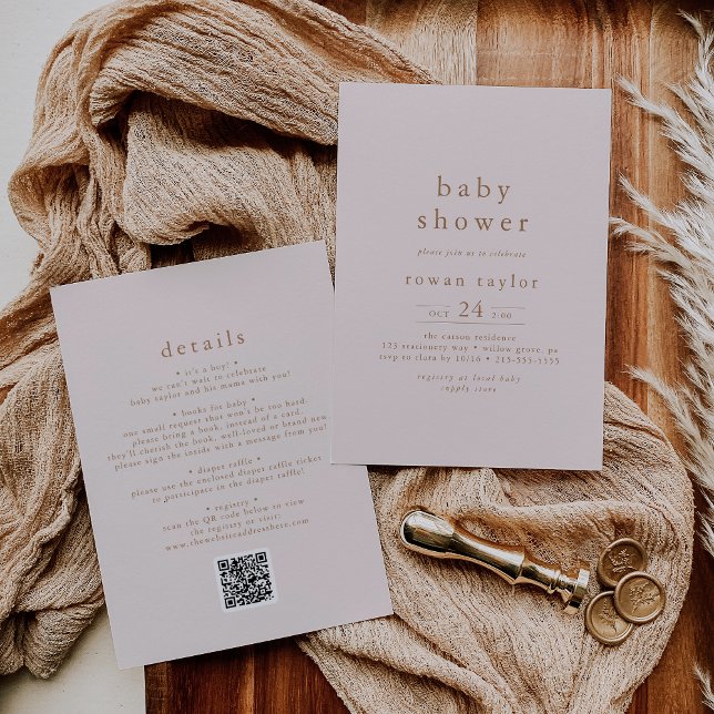 ROWAN Rustikales Pink Gold QR Einfache Baby-Dusche Einladung (ROWAN Rustic Pink Gold QR Simple Baby Shower Invitation)