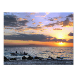 Rowboat und Sonnenuntergang auf dem Ozean Fotodruck