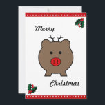 Roy the Christmas Pig Feiertagskarte<br><div class="desc">Es ist Roy so niedlich und lustig für den Urlaub wie das Weihnachtsschwein / Rentier mit einer knallroten Nase / Schnauze und Geweih für ein Merry Little Weihnachten auf eine Einladung für große und kleine Kinder Es gibt eine passende Rückadresse Etikett, Porto Briefmarke, Aufkleber und Umschlag, dann Papier Teller, Kekse,...</div>