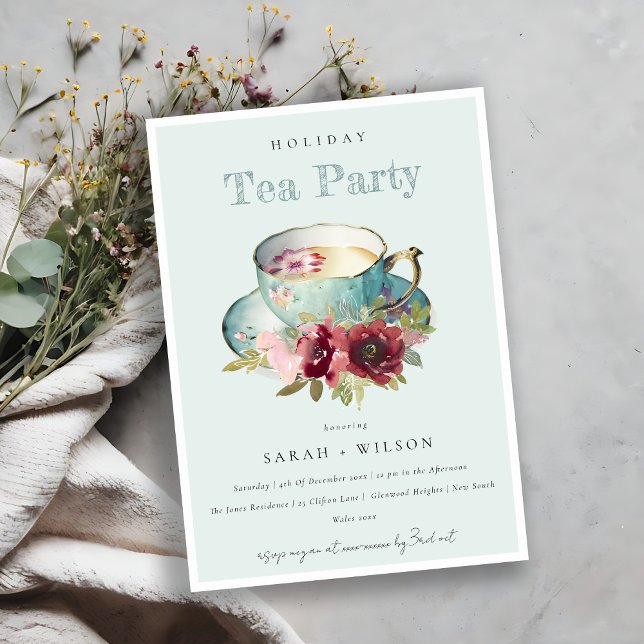 Royal Aquamarin Gold Floral Teacup Party Einladung (Von Creator hochgeladen)