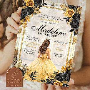 Royal Ballroom Black und Gold Quinceanera Einladung