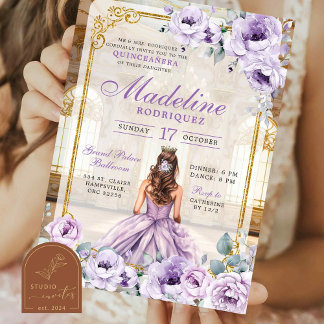 Royal Ballroom Gold und Lila Quinceanera Einladung