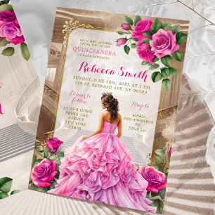 Royal Ballroom Pink Fuschia Floral Quinceañera Einladung