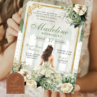 Royal Ballroom Sage Green Quinceañera Einladung
