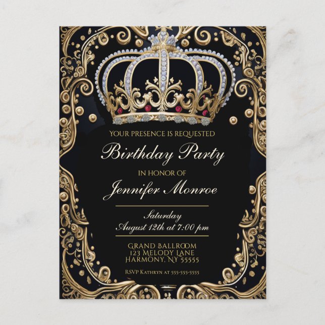 Royal Birthday Party Crown Verzierte Einladung Postkarte (Vorderseite)