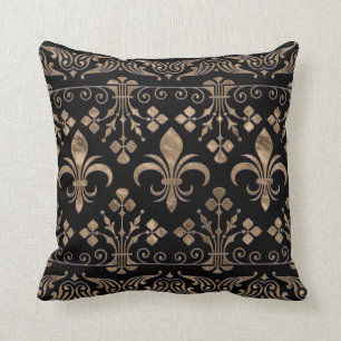 Royal Black and Gold Fleur-de-lis-Ornament Kissen