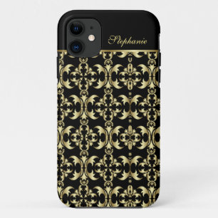 Royal Black and Gold Monogram Damask iPhone 11 Hülle