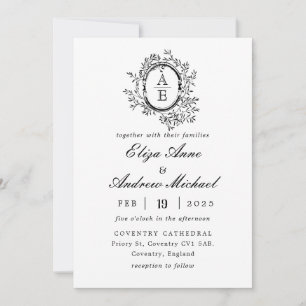 Royal Black and White Monogram Wappen Wedding Einladung