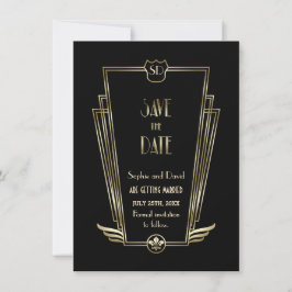 Royal Black Art Deco Monogram Save the Date Einladung