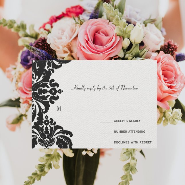 Royal Black Damask Wedding UAWG RSVP Karte (Von Creator hochgeladen)