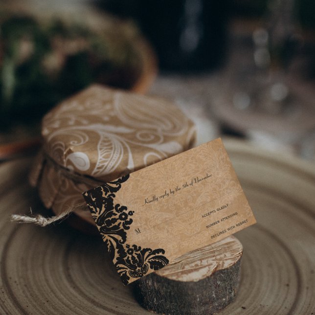 Royal Black Damask Wedding UAWG RSVP Karte (Von Creator hochgeladen)